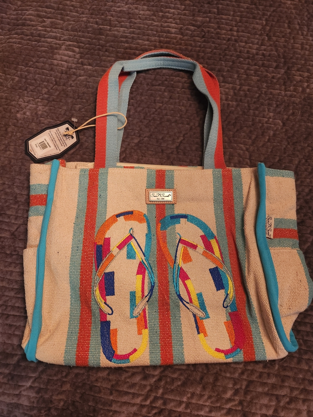 Sun N Sand Multicolor Striped Canvas Tote with Flip‑Flop Embroidery, New